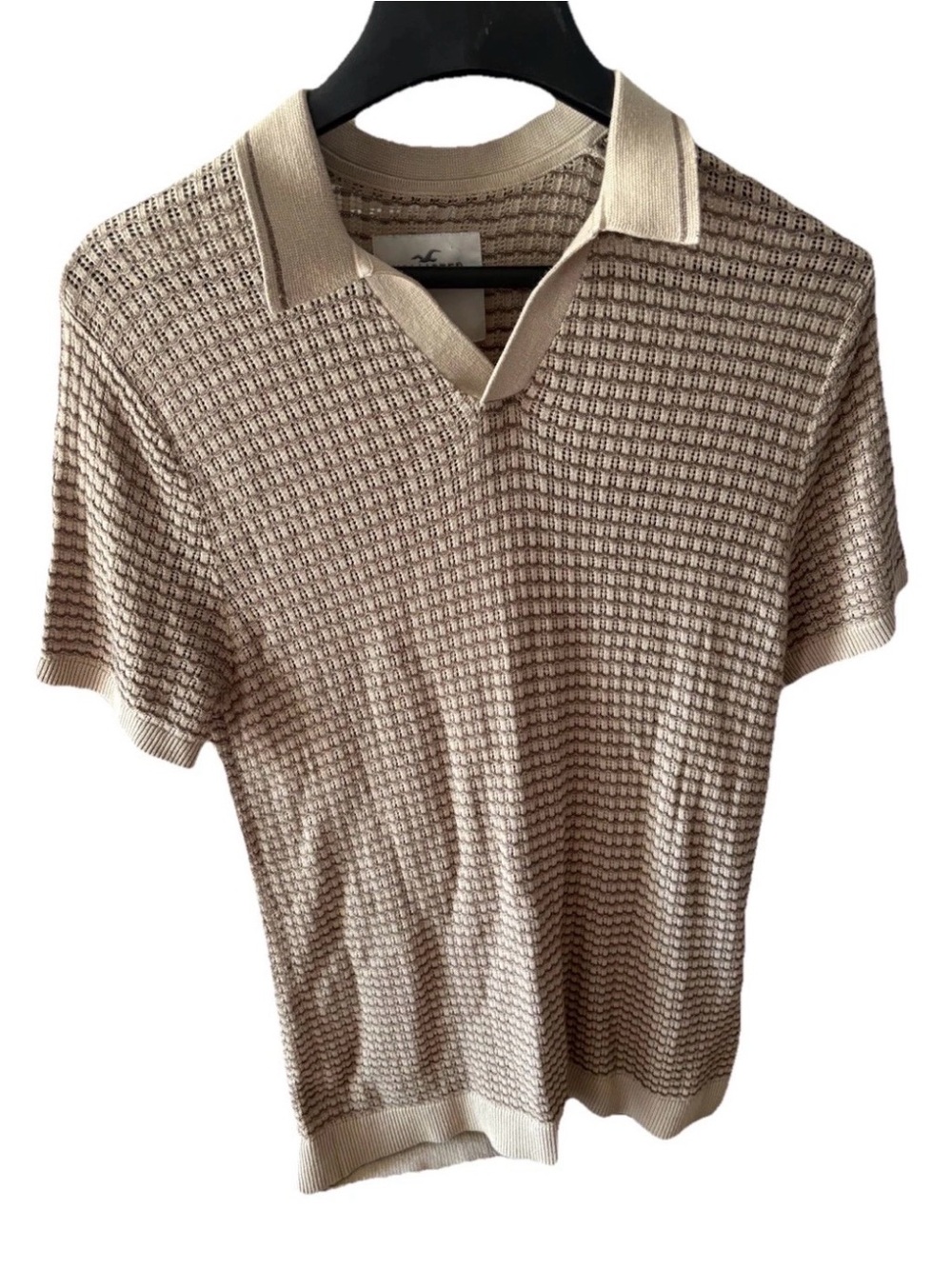 Hollister Men's Beige Open-Knit Polo Sweater Short Sleeve Large